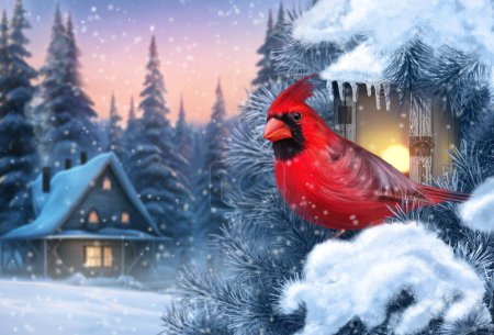 Foto de Año Nuevo, fondo de invierno de Navidad, pájaro cardenal sentado en una rama de abeto cubierta de nieve cerca de una linterna ardiente, puesta de sol, noche, despejando en el bosque con una casa - Imagen libre de derechos