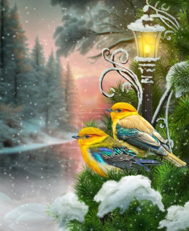 Foto de Año Nuevo, fondo de vacaciones de Navidad, dos pájaros amarillos sentados en ramas de abeto cubiertas de nieve bajo una linterna ardiente, puesta de sol, bosque cerca del río - Imagen libre de derechos