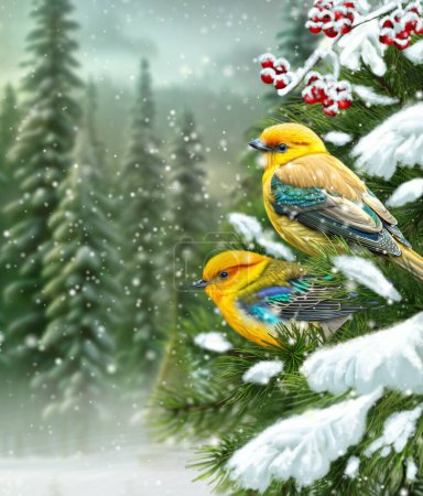 Foto de Navidad, Año Nuevo fondo de vacaciones, dos pájaros brillantes se sientan en una rama cubierta de nieve de bayas rojas, bosque de pinos, abetos, tormenta de nieve, iluminación nocturna, representación 3d - Imagen libre de derechos