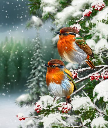 Foto de Navidad, Año Nuevo fondo de vacaciones, dos pájaros brillantes se sientan en una rama cubierta de nieve de bayas rojas, bosque de pinos, abetos, tormenta de nieve, iluminación nocturna, representación 3d - Imagen libre de derechos