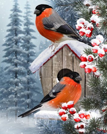 Téléchargez les photos : Noël, Nouvel An fond de vacances, deux oiseaux brillants assis sur une branche enneigée de baies rouges, forêt de pins, sapins, tempête de neige, éclairage du soir, rendu 3D - en image libre de droit