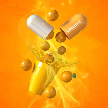 Foto de Conceptos médicos y científicos, cápsula voladora abierta de vitamina C, naranja, vidrio con jugo, salpicadura líquida, fondo amarillo, representación 3d - Imagen libre de derechos