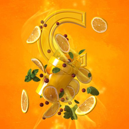 Foto de Conceptos médicos y científicos, vitamina C, naranja, vidrio con jugo, salpicadura de líquido, fondo amarillo, 3d renderizado - Imagen libre de derechos