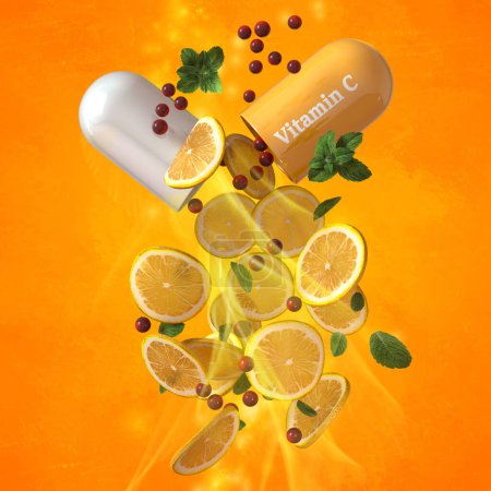Foto de Conceptos médicos y científicos, volando cápsula abierta de vitamina C, derramando rodajas levitantes de naranja, limón, cítricos, fondo amarillo, 3d renderizado - Imagen libre de derechos
