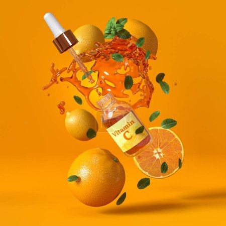 Foto de Concepto médico y científico, botellas de vitamina C voladoras, gotas en un gotero, pipeta, naranjas, salpicaduras de jugo, fondo amarillo, representación 3D - Imagen libre de derechos