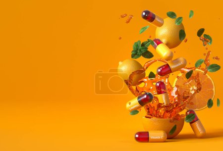 Foto de Concepto médico y científico, cápsulas de naranjas voladoras de vitamina C, salpicaduras de jugo, fondo amarillo, representación 3D - Imagen libre de derechos