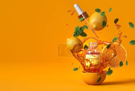 Photo for Medical and scientific concept, flying vitamin C bottles, drops in a dropper, pipette, oranges, juice splashes, yellow background, 3D rendering - Royalty Free Image