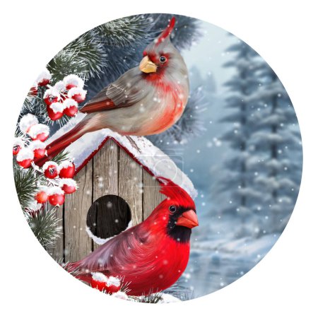 Téléchargez les photos : Noël, fond de vacances du Nouvel An, deux oiseaux cardinal assis sur une branche enneigée de baies rouges, forêt de pins, sapins, tempête de neige, éclairage du soir, rendu 3D, cercle - en image libre de droit