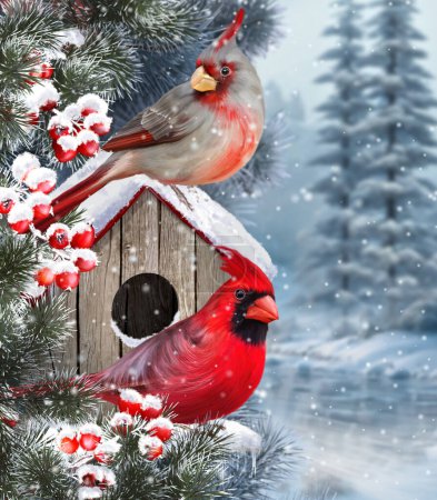 Photo for Christmas, New Year holiday background, two birds cardinal sit on a snow-covered branch of red berries, pine forest, fir trees, snowstorm, evening lighting, 3d rendering, - Royalty Free Image