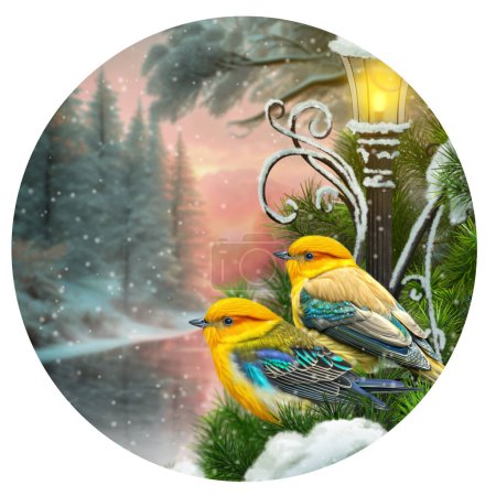 Foto de Invierno Año Nuevo Fondo de Navidad, dos pájaros amarillos sentados en una rama cubierta de nieve contra el telón de fondo de un bosque de abeto, linterna ardiente, iluminación nocturna, representación 3D - Imagen libre de derechos