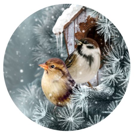 Téléchargez les photos : Hiver Nouvel An Fond de Noël, deux oiseaux moineaux assis sur une branche enneigée sur fond de forêt d'épinettes, rendu 3D, forme ronde - en image libre de droit
