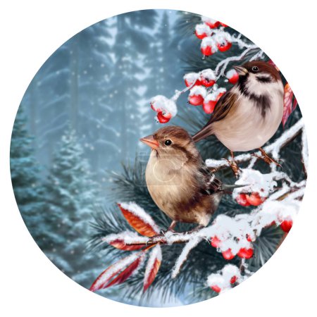 Foto de Invierno Año Nuevo Fondo de Navidad, dos pájaros gorriones sentados en una rama cubierta de nieve contra el telón de fondo de un bosque de abetos, representación 3D, forma redonda - Imagen libre de derechos