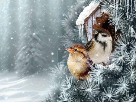 Téléchargez les photos : Hiver Nouvel An Fond de Noël, deux oiseaux moineaux assis sur une branche enneigée sur fond de forêt d'épinettes, rendu 3D - en image libre de droit