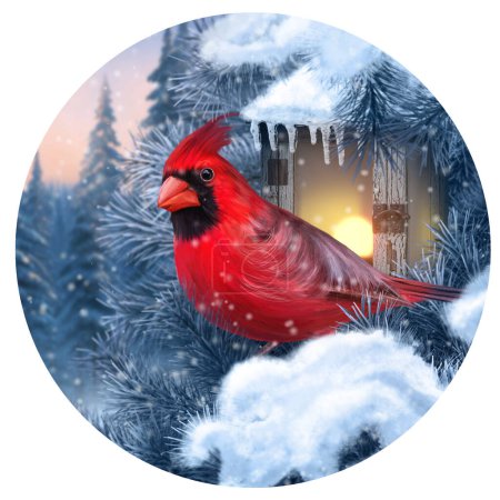 Foto de Año Nuevo, fondo de invierno de Navidad, pájaro cardinal sentado en una rama de abeto cubierta de nieve cerca de una linterna ardiente, puesta de sol, noche, representación 3D, sin IA, círculo - Imagen libre de derechos