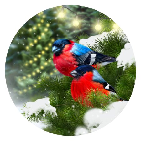 Téléchargez les photos : Hiver Nouvel An Fond de Noël, deux pinsons assis sur une branche enneigée sur fond de forêt d'épinettes, rendu 3D, forme ronde - en image libre de droit