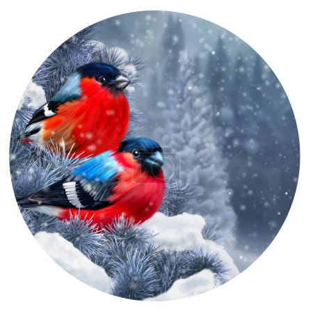 Foto de Invierno Año Nuevo Fondo de Navidad, dos pájaros toro sentado en una rama cubierta de nieve contra el telón de fondo de un bosque de abetos, representación 3D, forma redonda - Imagen libre de derechos