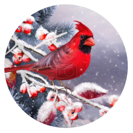 Téléchargez les photos : Hiver Nouvel An Fond de Noël, oiseau cardinal assis sur une branche enneigée sur fond de forêt de sapins, rendu 3D, forme ronde - en image libre de droit