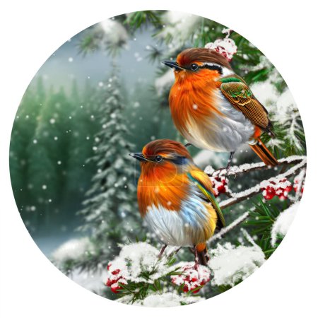 Foto de Navidad, Año Nuevo fondo de vacaciones, dos pájaros brillantes se sientan en una rama cubierta de nieve de bayas rojas, bosque de pinos, abetos, tormenta de nieve, iluminación nocturna, círculo, 3d rendering - Imagen libre de derechos