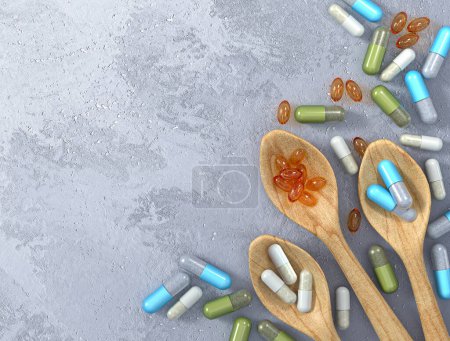 Photo for Medical and scientific concepts, spoon with vitamin, medicine, dietary supplements, capsules top view, 3d rendering - Royalty Free Image