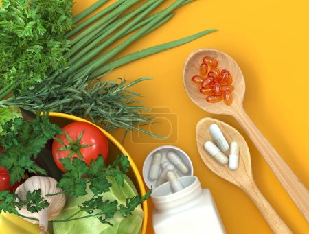 Foto de Conceptos médicos y científicos, cuchara con vitaminas, medicamentos, suplementos dietéticos, conjunto de verduras y hierbas en un plato, vista superior, representación 3D - Imagen libre de derechos