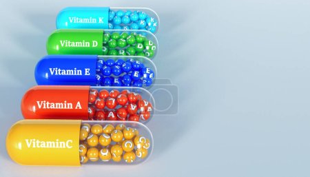 Medyczne i naukowe koncepcje, kolorowe kapsułki witaminowe, renderowanie 3d