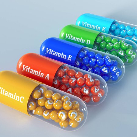 Téléchargez les photos : Concepts médicaux et scientifiques, capsules de vitamines colorées, rendu 3d - en image libre de droit