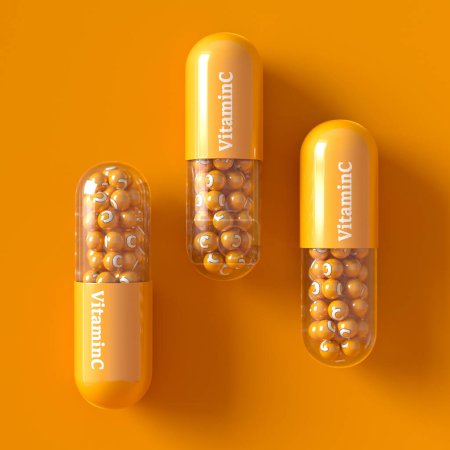 Foto de Conceptos médicos y científicos, cápsula de vitamina C, naranja, envase de botella abierta, vista superior, fondo amarillo, representación 3d - Imagen libre de derechos