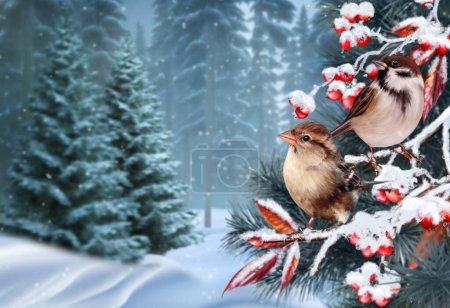 Foto de Año Nuevo, fondo de invierno de Navidad, dos pájaros gorriones se sientan en una rama cubierta de nieve de bayas rojas contra el telón de fondo de un bosque de pinos de invierno, representación 3D, sin IA - Imagen libre de derechos