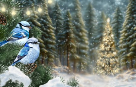 Foto de New Year, Christmas winter background, blue tit birds sitting on a snow-covered spruce branch sunset, burning garland, decorated spruce, evening, 3D rendering, no AI - Imagen libre de derechos