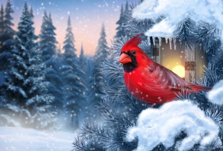 Foto de Año Nuevo, fondo de invierno de Navidad, pájaro cardinal sentado en una rama de abeto cubierta de nieve cerca de una linterna ardiente, puesta de sol, noche, representación 3D, sin IA - Imagen libre de derechos