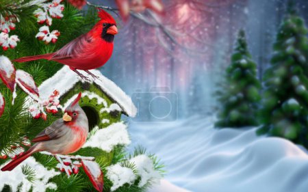 Foto de Navidad, Año Nuevo fondo de vacaciones, dos pájaros brillantes se sientan en una rama cubierta de nieve de bayas rojas, bosque de pinos, abetos, tormenta de nieve, iluminación nocturna, representación 3d, sin IA - Imagen libre de derechos
