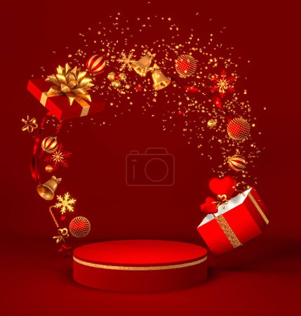 Foto de Año Nuevo, fondo navideño en colores rojo y dorado, cajas voladoras, bolas, ramas, oropel, podio, campanas, serpentina, representación 3D - Imagen libre de derechos
