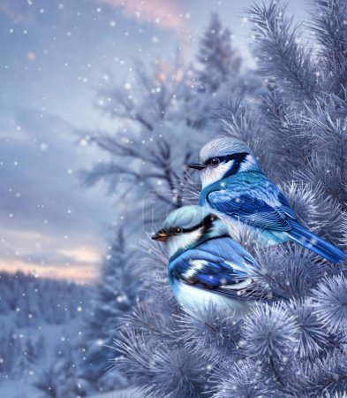 Foto de Winter New Year Christmas background, a blue tit bird sitting on a snow-covered spruce, pine forest in the snow, blizzard, snowfall, 3D rendering - Imagen libre de derechos