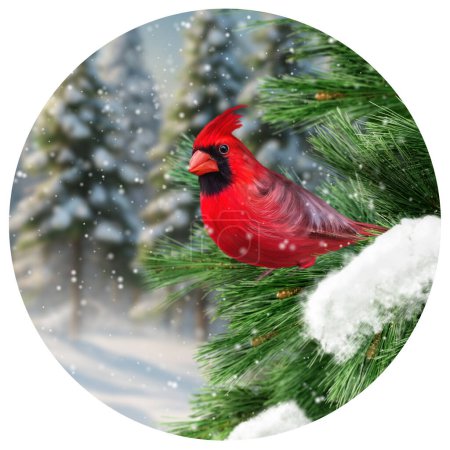 Téléchargez les photos : Hiver Nouvel An Fond de Noël, un oiseau cardinal rouge est assis sur une épinette couverte de neige, forêt de pins dans la neige, blizzard, chute de neige, rendu 3D, forme ronde - en image libre de droit