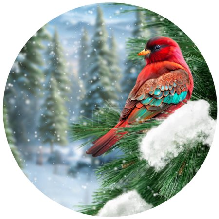 Foto de Invierno Año Nuevo Fondo de Navidad, un pájaro cardenal rojo se sienta en un abeto cubierto de nieve, bosque de pinos en la nieve, ventisca, nevada, representación 3D, forma redonda - Imagen libre de derechos