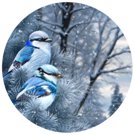 Téléchargez les photos : Winter New Year Christmas background, a blue tit bird sits on a snow-covered spruce, pine forest in the snow, blizzard, snowfall, 3D rendering, round shape - en image libre de droit