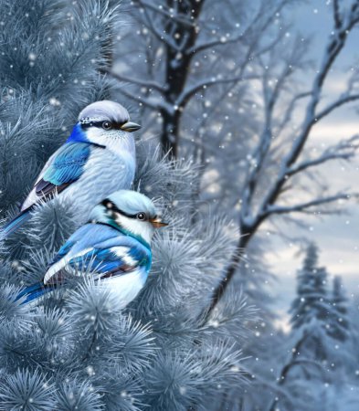 Téléchargez les photos : Winter New Year Christmas background, a blue tit bird sitting on a snow-covered spruce, pine forest in the snow, blizzard, snowfall, 3D rendering - en image libre de droit