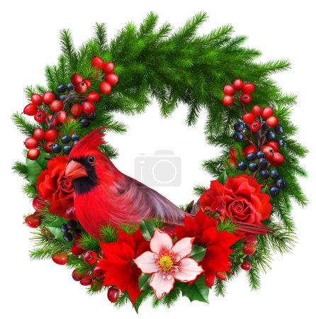 Téléchargez les photos : Nouvel An Noël fond de vacances, guirlande de branches de sapin de pin, oiseau, fleurs de poinsettia, hellébore, branches de baies, décorations, rendu 3D - en image libre de droit