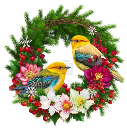Téléchargez les photos : Nouvel An Noël fond de vacances, guirlande de branches de sapin de pin, oiseau, fleurs de poinsettia, hellébore, branches de baies, décorations, rendu 3D - en image libre de droit