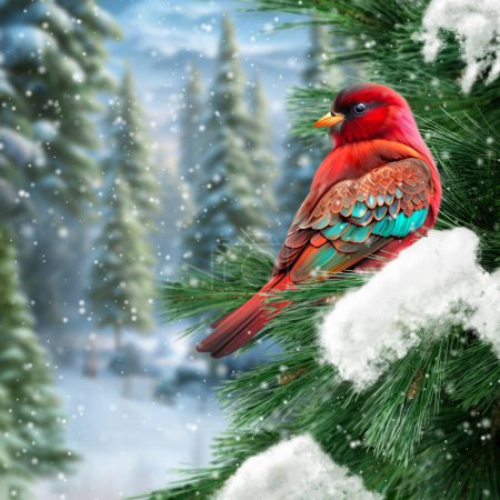 Téléchargez les photos : Hiver Nouvel An Fond de Noël, un oiseau cardinal rouge est assis sur une épinette couverte de neige, forêt de pins dans la neige, blizzard, chute de neige, rendu 3D - en image libre de droit