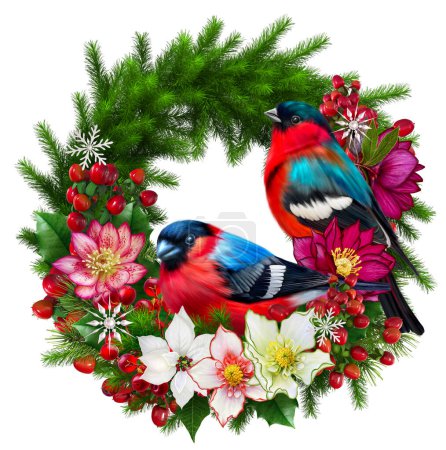 Foto de Año Nuevo fondo de vacaciones de Navidad, guirnalda de flores de abeto de pino, pájaro, flores de poinsettia, hellebore, ramas de bayas, decoraciones, representación 3D - Imagen libre de derechos