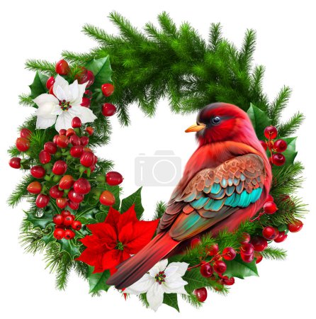Foto de Año Nuevo fondo de vacaciones de Navidad, guirnalda de flores de abeto de pino, pájaro, flores de poinsettia, hellebore, ramas de bayas, decoraciones, representación 3D - Imagen libre de derechos