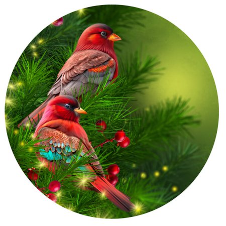 Foto de Navidad, Año Nuevo fondo de vacaciones, dos pájaros cardinales se sientan en una rama cubierta de nieve de bayas rojas, bosque de pinos, abetos, tormenta de nieve, iluminación nocturna, representación 3d, círculo - Imagen libre de derechos