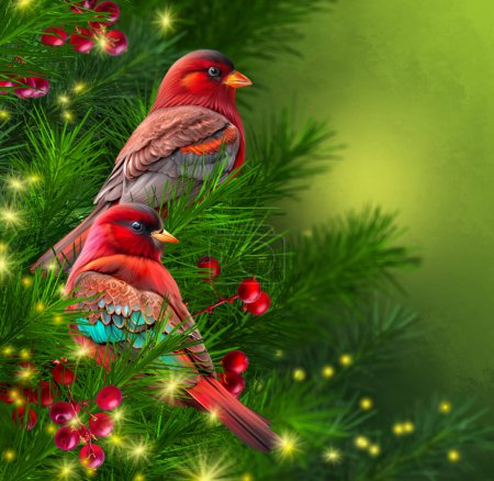 Foto de Navidad, Año Nuevo fondo de vacaciones, dos pájaros cardinales sentarse en una rama cubierta de nieve de bayas rojas, bosque de pinos, abetos, tormenta de nieve, iluminación nocturna, 3d rendering, - Imagen libre de derechos