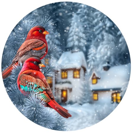Foto de Navidad, Año Nuevo fondo de vacaciones, dos pájaros cardinales se sientan en una rama cubierta de nieve de bayas rojas, bosque de pinos, abetos, tormenta de nieve, iluminación nocturna, representación 3d, círculo - Imagen libre de derechos