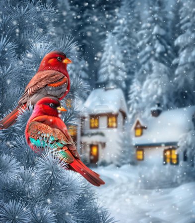 Foto de Navidad, Año Nuevo fondo de vacaciones, dos pájaros cardinales sentarse en una rama cubierta de nieve de bayas rojas, bosque de pinos, abetos, tormenta de nieve, iluminación nocturna, 3d rendering, - Imagen libre de derechos