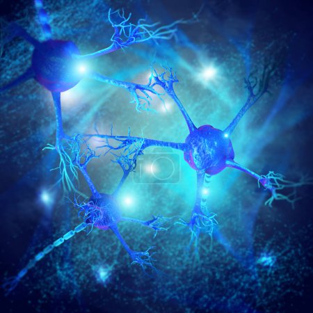 Téléchargez les photos : Concept médical arrière-plan, neurone, cellule nerveuse connectée à d'autres, formant des réseaux nerveux, rendu 3D - en image libre de droit