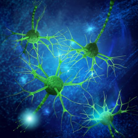 Foto de Concepto médico fondo, neurona, célula nerviosa conectada a otros, formando redes nerviosas, representación 3d - Imagen libre de derechos