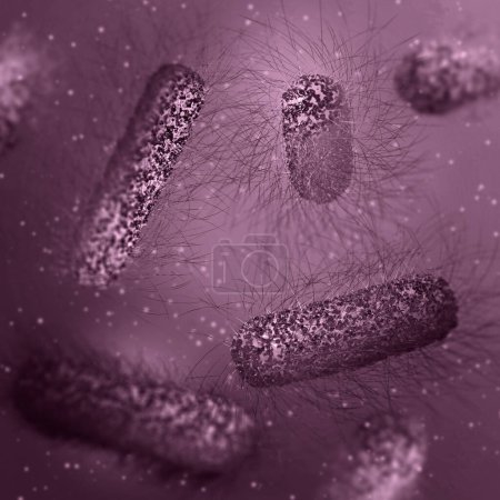 Medizinischer Hintergrund, Bakterien fakultative Anaerob, Salmonellen, Enterobakterien, stäbchenförmige, Flagellen auf der gesamten Oberfläche, Erreger der Salmonelleninfektion, Krankheitserreger, 3D-Rendering