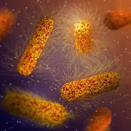 Medical background, bacteria facultative anaerobes, Salmonella, enterobacteria, rod-shaped, flagella over the entire surface, causative agent of salmonella infection, pathogen, 3D rendering